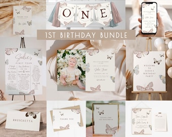 Butterfly 1st Birthday Bundle | Editable Little Butterfly First Birthday Party Invitation Template Set | Enchanted ONE Decor Package S451