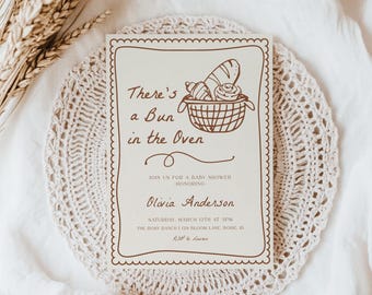 Bun in the Oven Baby Shower Invitation Template | Editable Hand Drawn Bun in the Oven Bread DIY Baby Shower Invite Gender Neutral S916