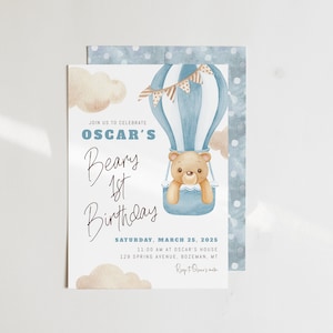 Editable Beary First Birthday Invitation | Teddy Bear Hot Air Balloon ...