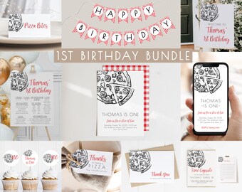 Pizza 1st Birthday Bundle | Editable Slice of Fun Invitation & Decoration Templates | Boy Checkered Pizza First Birthday Package Decor S294