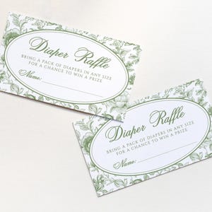 Ticketsjabloon voor chinoiserieluierloterij | Bewerkbare groene toile de jouy-breng een boek babyshowerkaart S767