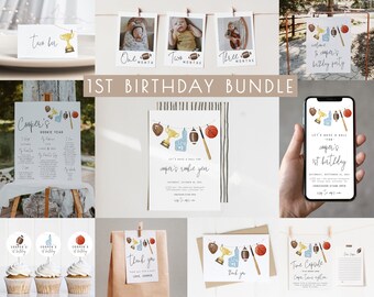 Sports 1st Birthday Bundle Editable Template Set | Rookie Year First Birthday Decor Package | Little All Star Invitation S290