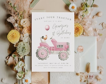 Pink Tractor 1st Birthday Invitation | Editable Girl Tractor Bday Party Invite | Printable Start Your Tractor First Birthday Invite S626