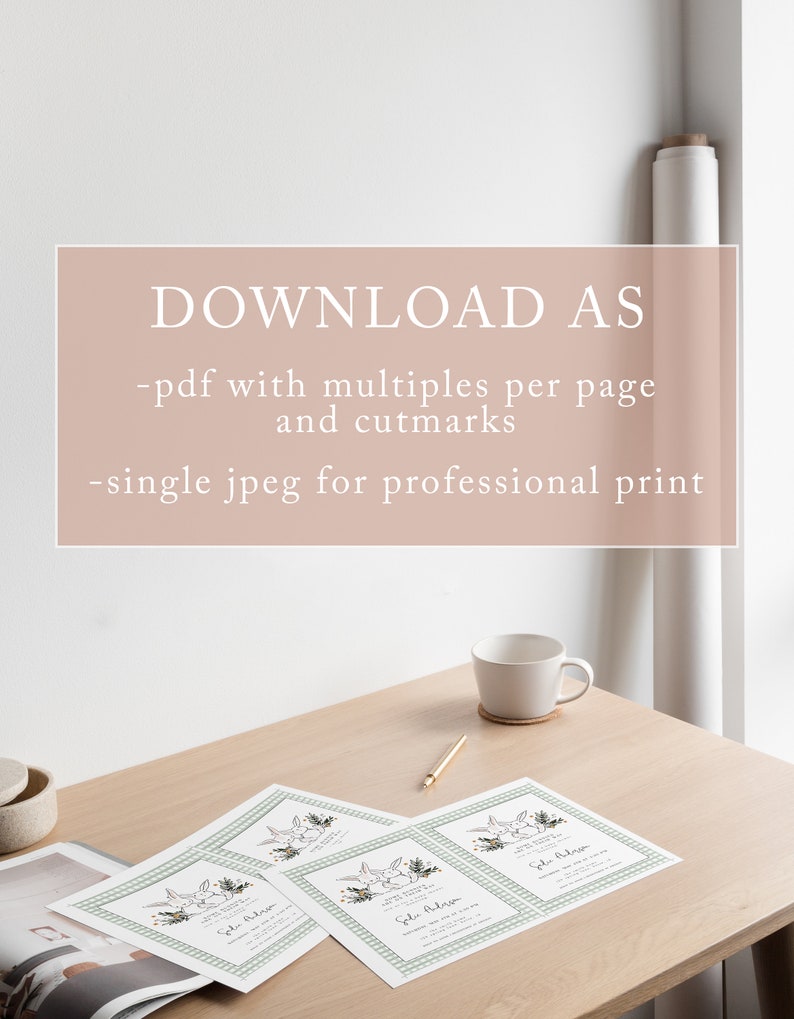 May include: Four printable invitations with a green and white gingham pattern. The invitations feature a hand-drawn illustration of two bunnies with a floral wreath and the text "We're having a baby shower" and "Ella Alana".