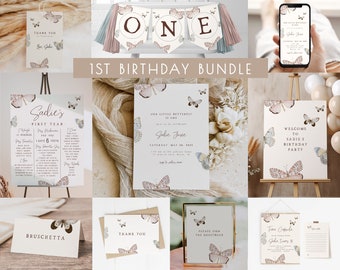 Butterfly 1st Birthday Bundle | Editable Little Butterfly First Birthday Party Invitation Template Set | Enchanted ONE Decor Package S451