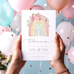 Editable Rainbow Birthday Invitation | Modern Boho Rainbow 1st Bday Template Invite | Muted Rainbow 2nd 3rd 4th S205