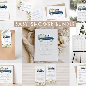 May include: A baby shower bundle with a blue truck theme. The bundle includes invitations, thank you cards, a diaper raffle ticket, a game card, a welcome sign, a calendar, a favor bag with a tag, and a printable sign for a 'Mona Bar'.