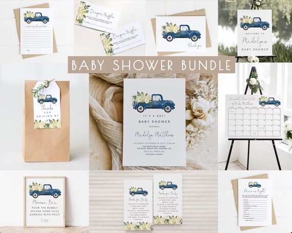 Blue Truck Baby Shower Package Editable Invitation Bundle | Floral Blue Truck Farm Boy Baby Shower Template Set S111