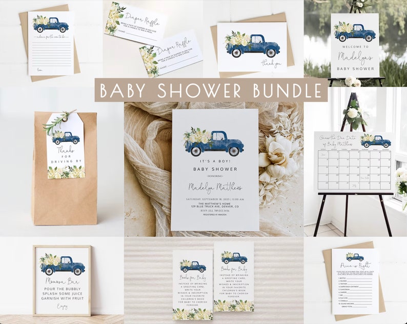 May include: A baby shower bundle with a blue truck theme. The bundle includes invitations, thank you cards, a diaper raffle ticket, a game card, a welcome sign, a calendar, a favor bag with a tag, and a printable sign for a 'Mona Bar'.
