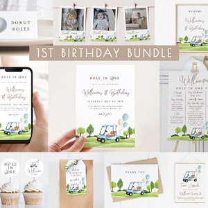 Golf 1st Birthday Bundle | Editable Hole in ONE Invitation and Decoration Templates | Boy Golfing First Birthday Par-tee Package Decor S454