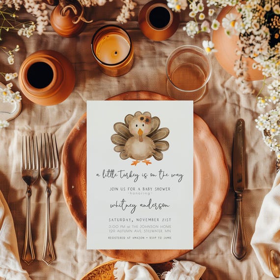 A Little Turkey Baby Shower Invitation Template | Editable Girl Little Turkey is on the Way Fall Thanksgiving Baby Shower Invite S336