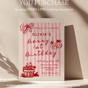 Berry 1st Birthday Invitation - Editable Template - DIY Hand Drawn Strawberry Birthday Party Invite for Girl S857 image 4