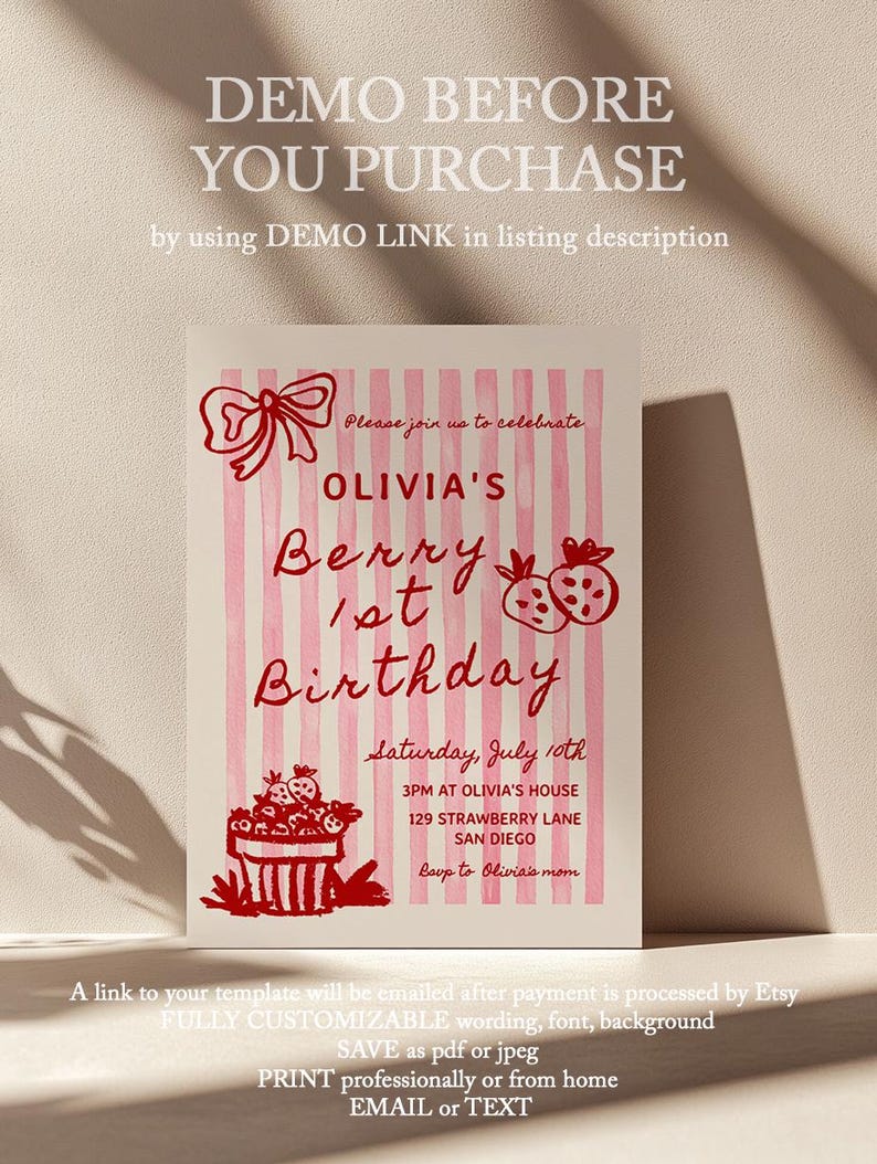 Berry 1st Birthday Invitation - Editable Template - DIY Hand Drawn Strawberry Birthday Party Invite for Girl S857 image 4