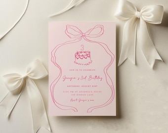 Bow 3rd Birthday Invitation Template in Preppy Pink | Editable Hand Drawn Coquette Girly Bow Third Birthday Party Invite DIY S681