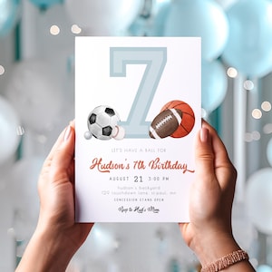 Sports 7th Birthday Invitation Template for Boy | Editable Let's Have a Ball All Star Seventh Birthday Printable Invite S628