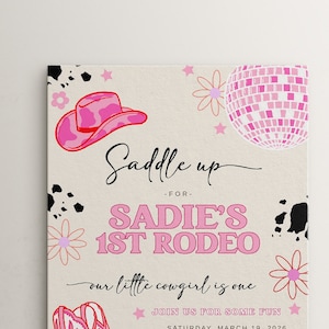 Girl 1st Rodeo Birthday Invitation Template Editable Our Little Cowgirl is One Disco Cowgirl Disco Western First Birthday Invite S536 image 9