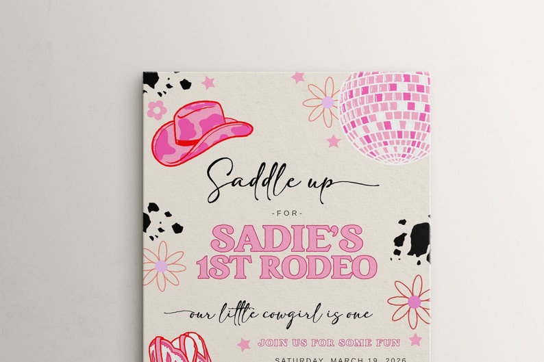 Girl 1st Rodeo Birthday Invitation Template Editable Our Little Cowgirl is One Disco Cowgirl Disco Western First Birthday Invite S536 image 9