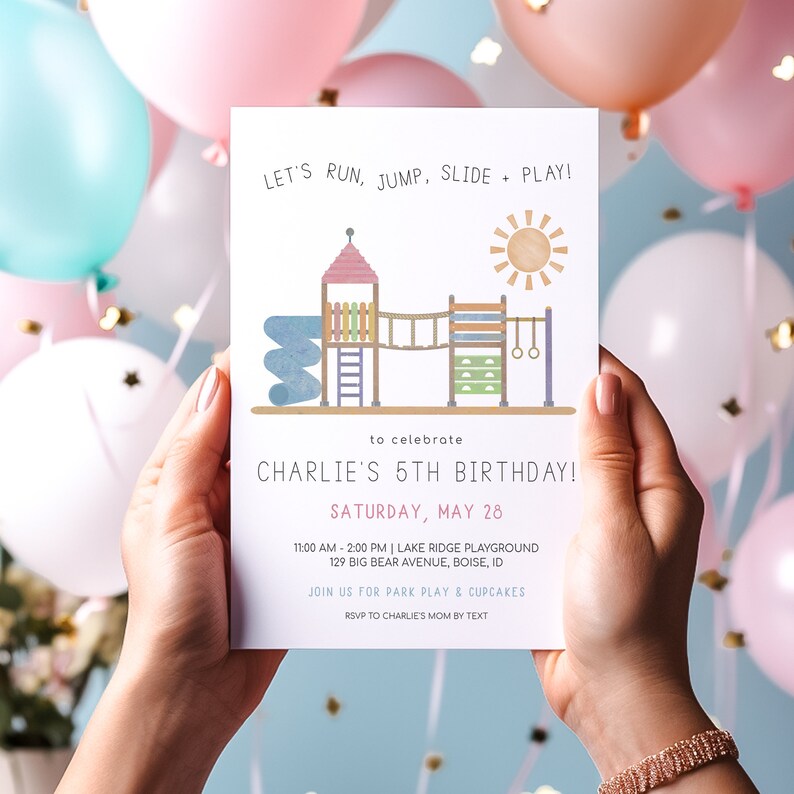 editable rainbow playground birthday party invitation template