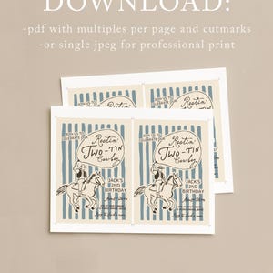 May include: Cowboy-themed birthday invitations. The design includes a cowboy on horseback, with the text "Rootin' Two-Tin Cowboy" and "Jack's 2nd Birthday". The background has blue vertical stripes.
