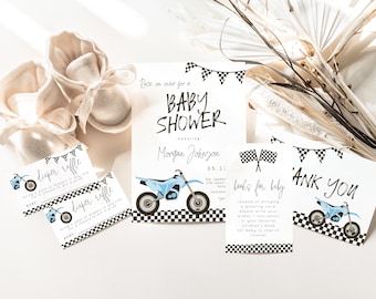 Paquete de baby shower de moto de cross Plantillas editables / Invitación a baby shower de carreras de niños / Baby Blue Race on Over Dad Baby Shower S533