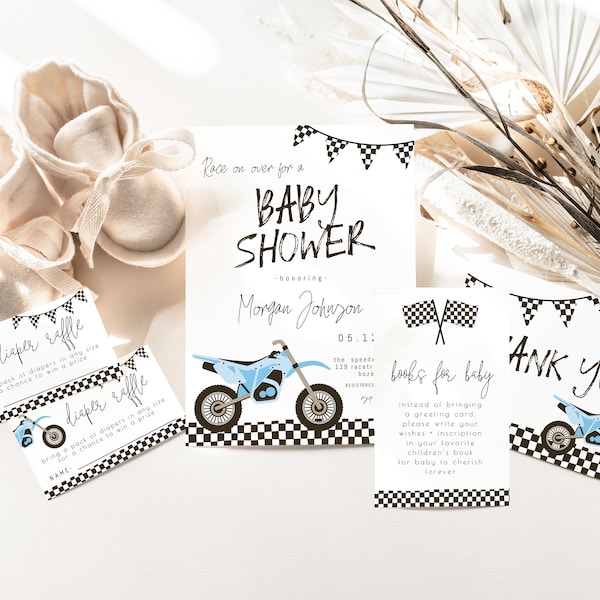 Dirt Bike Baby Shower Bundle Editable Templates | Boy Racing Baby Shower Invite | Baby Blue Race on Over Dad Baby Shower S533