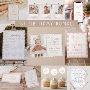 One Silly Goose Birthday Template Bundle | Editable Goose Invitation & Decor 1st Birthday Templates for Girl First Birthday Package S716