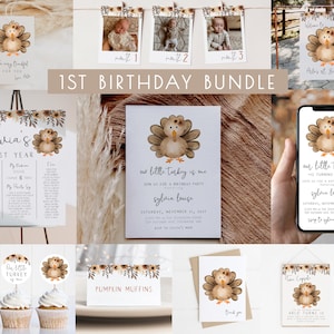 Turkey 1st Birthday Bundle Editable Template Set | Girl Thanksgiving Our Little Turkey is One Fall First Birthday Decor Package S336