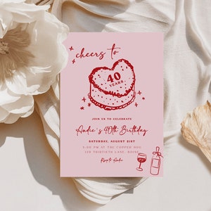 Pode incluir: Convite de aniversário rosa com uma ilustração vermelha de um bolo em forma de coração com o texto "cheers to 40 years". O convite inclui o texto "Join us to celebrate Andie's 40th Birthday" e os detalhes do evento.