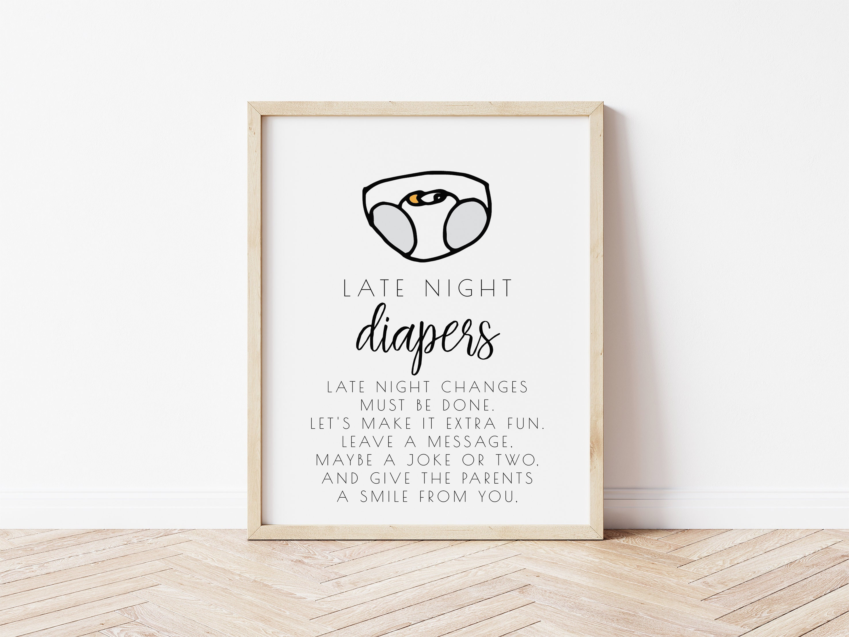 Late Night Diapers Sign Template | Editable Poppin' Bottles Baby Shower Leave a Note on Diaper Game S113