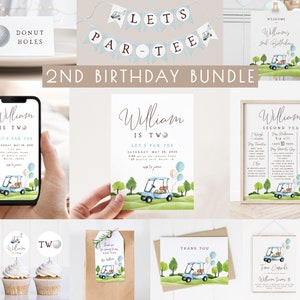 Golf 2nd Birthday Bundle | Editable Let&#39;s Par-tee Golfing Invitation and Decoration Templates | Boy Second Birthday Package Decor S454