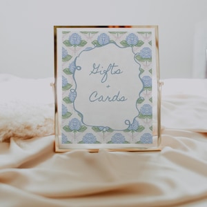 Szablon znaku Vintage Gifts + Cards na Baby Shower | Edytowalny niebieski i różowy wystrój Baby Shower | Plakat DIY Grandmillenial do wydrukowania S847