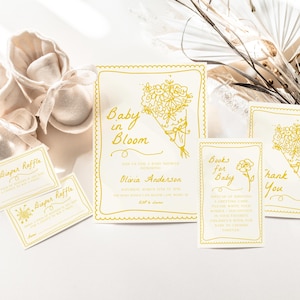 Modelli di pacchetti per baby shower Baby in Bloom / Set di pacchetti per baby shower Baby in Bloom Flower Bouquet disegnato a mano modificabile e neutro rispetto al genere S772