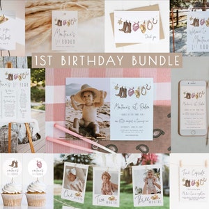 Girl 1st Rodeo Birthday Bundle Editable Template Set | Our Little Cowgirl is One Western First Rodeo Birthday Decor Package S248