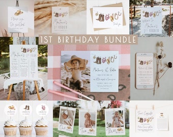 Girl 1st Rodeo Birthday Bundle Editable Template Set | Our Little Cowgirl is One Western First Rodeo Birthday Decor Package S248