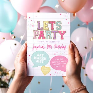 Plantilla de invitación de cumpleaños con letras de parche preppy / Invitación editable para fiesta de cumpleaños de niña (DIY) S729