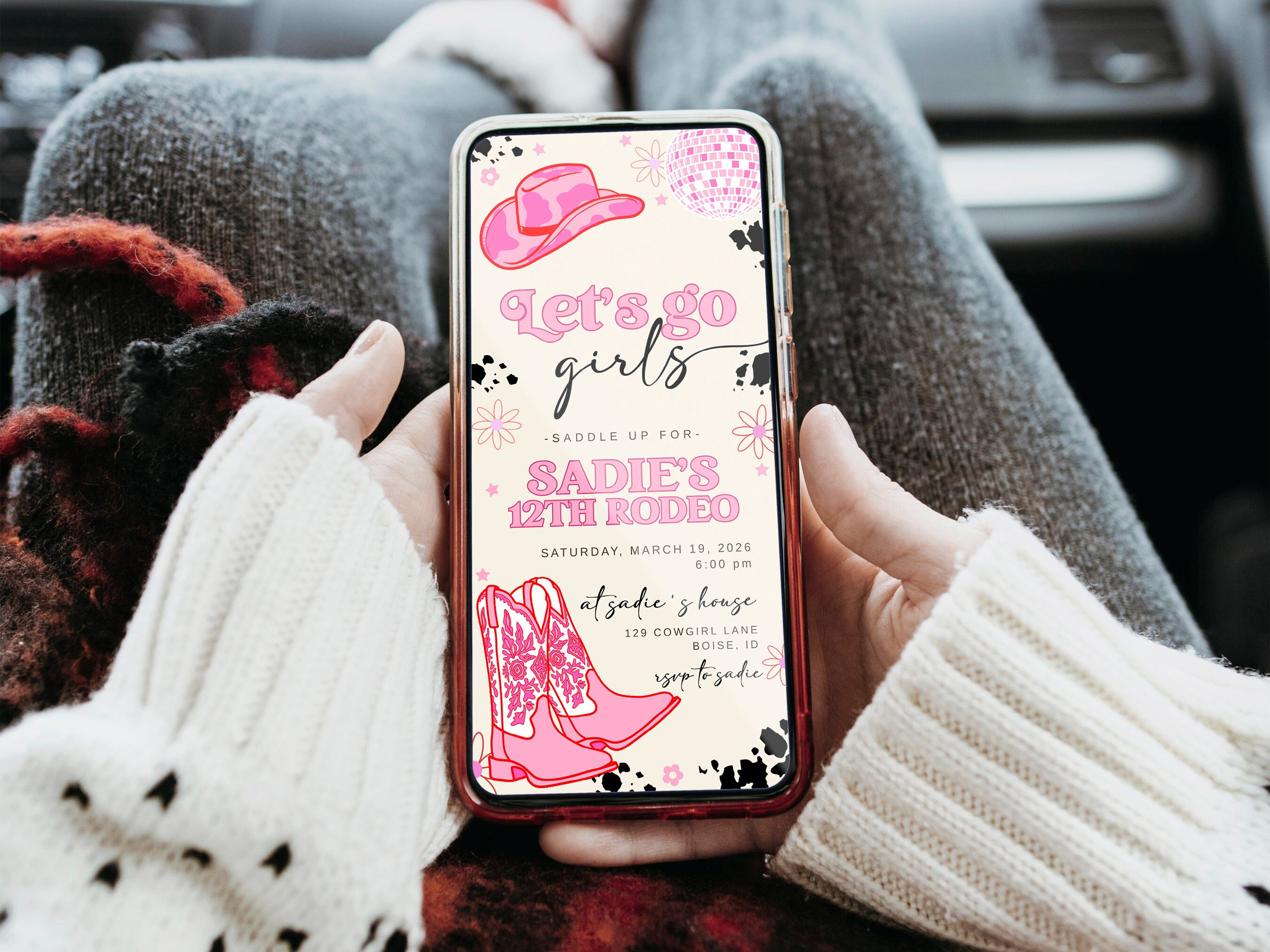 Editable Let's Go Girls Birthday Text Invitation for Girl Template | Pink Cowgirl Birthday Party | Disco Rodeo Western Invite S536