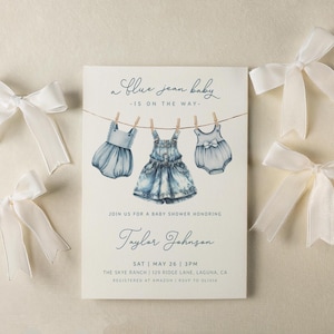 Blue Jean Baby Shower Invitation Template for Girl | Editable A Blue Jean Baby is On The Way Denim Baby Shower Invite S881