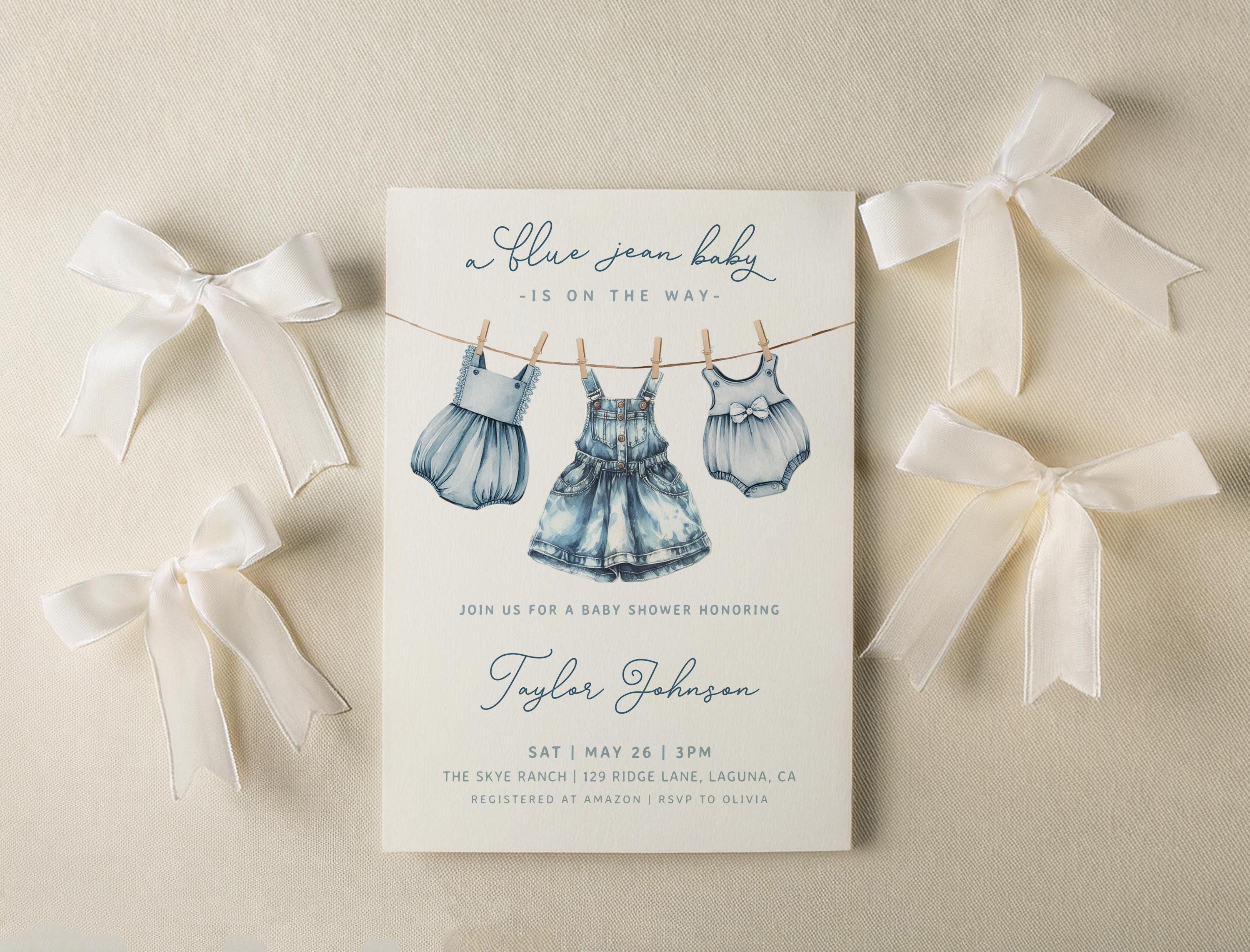 Blue Jean Baby Shower Invitation Template for Girl | Editable A Blue Jean Baby is On The Way Denim Baby Shower Invite S881