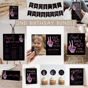 Bad Two the Bone 2nd Birthday Bundle Template | Editable Pink Girl Second Birthday Party Package Skeleton Peace Hand S609