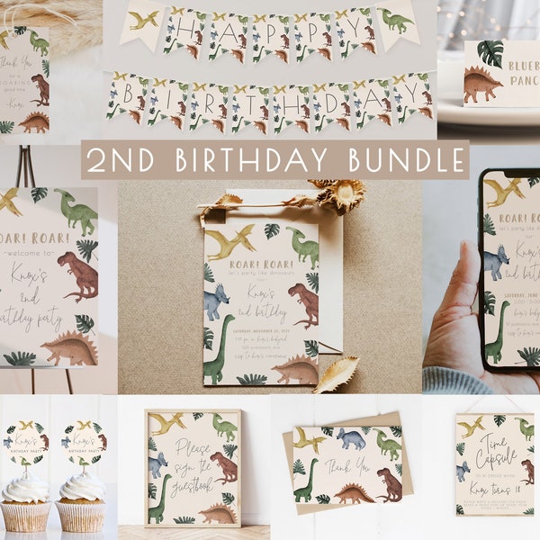 Dinosaur 2nd Birthday Bundle Editable Template Package | TWO Wild Boy Dino Second Birthday Party Invite and Decor Set S230