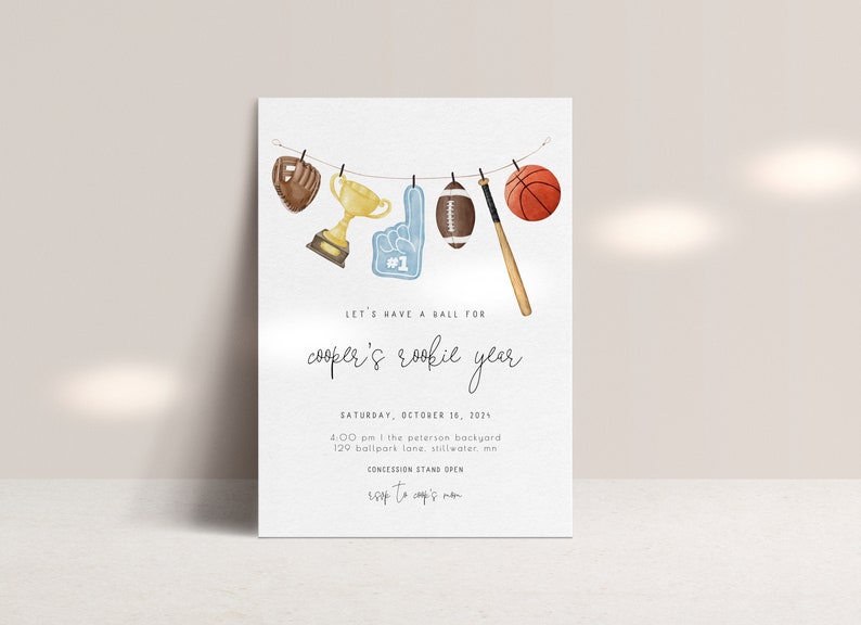 Sports Birthday Invitation Template Rookie Year Let's Have a Ball Little Rookie is One First Bday All Star Editable Printable Invite S290 image 10