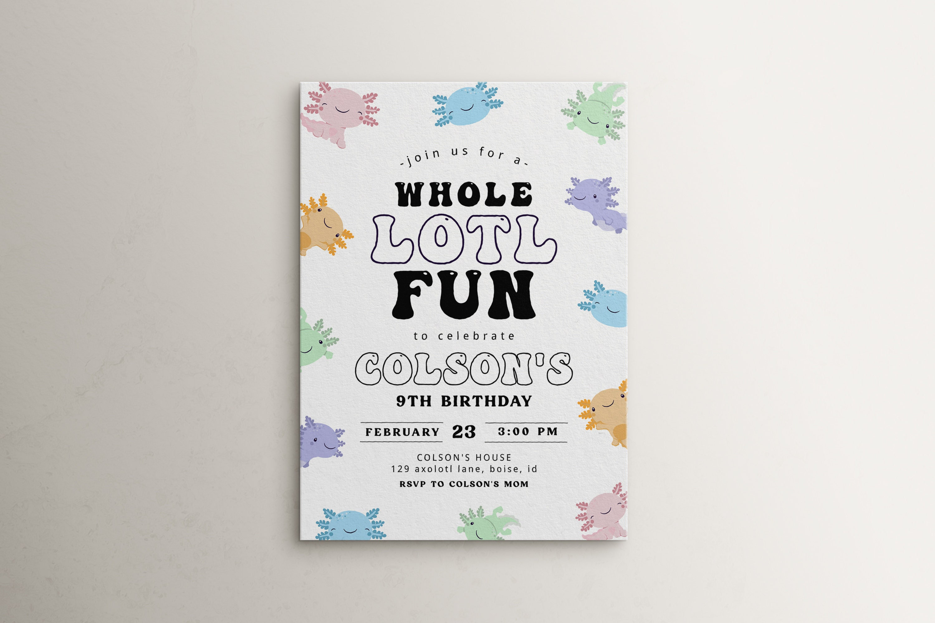 Axolotl Birthday Invitation Template | Editable Whole Lotl Fun Birthday Printable Invite | Alotl Fun Birthday S572