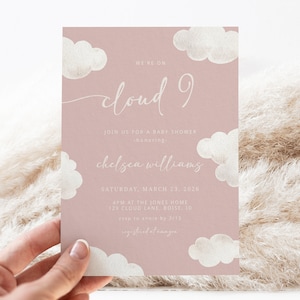 Bearbeitbare Wolke 9 Babypartyeinladung Vorlage | Mädchen wir sind auf Wolke neun Babyparty druckbare einladen | Rosa Auf Wolke Sieben S524