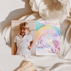 Editable Unicorn Birthday Picture Invitation Template | Rainbow Unicorns Girl Birthday Party Printable Photo Invite S591