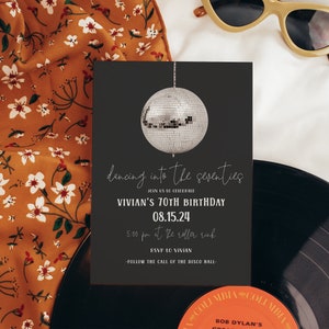 70th Birthday Party Invitation Template | Silver Disco Dance 70s Theme Party | 60th 80th 75th Disco Ball Editable Bday Invite