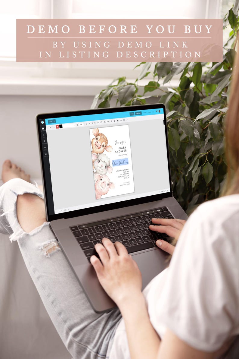 Op de afbeelding: Een laptopcomputer waarop een babyshower-uitnodiging wordt weergegeven met een aquarelillustratie van drie boerderijdieren. De uitnodiging bevat de tekst "Farm Fun Baby Shower" en de naam "Liam Williams".