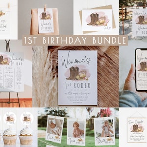 1st Rodeo Birthday Bundle | Cowgirl Editable Invitation Template Set | Girl Western First Rodeo Birthday Decor Package S232