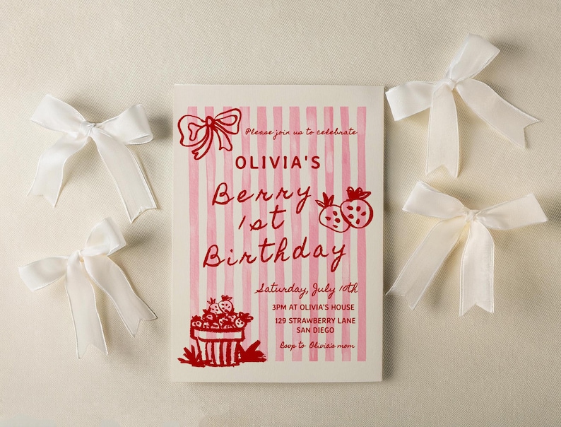 Berry 1st birthday party invitation template - digital download
