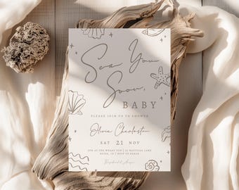 Sea You Baby Shower Invitation Template | Editable Hand Drawn Seashell Baby Shower Invite Download | DIY Nautical Ocean Baby Shower S927
