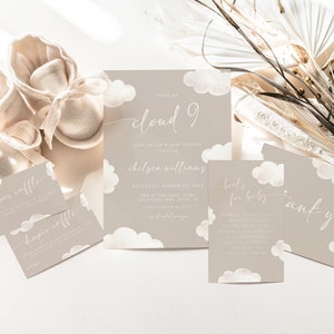 Editable Cloud 9 Baby Shower Bundle Templates | Gender Neutral We&#39;re on Cloud Nine Baby Shower Printable Package | Beige Cloud 9 Set S523